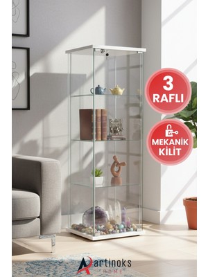 3 Raflı Kilitli Cam Vitrin Dolap Gümüşlük Koleksiyon Sergi Kitaplık Büfe Mutfak Raflı Detolf