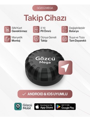 Gözcü Mobil Mega Takip Cihazı Ios Android Uyumlu Motor Araç Taşıt Gps Cihazı IP68 Su Geçirmez Akıllı Takibi (5-10 Dakika Aralıklı Sinyal Alır)