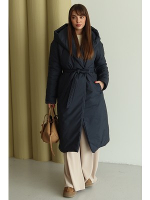 Olcay Kapüşonlu Çıt Çıt Kapamalı Elyaflı Uzun Mont Lacivert 6815