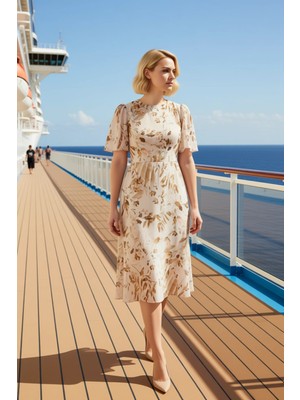 Benerly Kadın Bisiklet Yaka Kısa Kol A Kesim Midi Elbise Dokuma Çiçekli Fonksiyonel