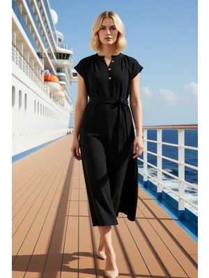 Benerly Kadın Yaka Kolsuz A Kesim Kuşaklı Midi Dokuma Elbise Fonksiyonel Spor