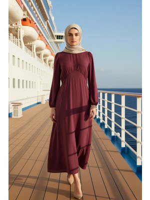 Benerly Kadın Bisiklet Yaka Standart Kol Uzun Kol Aerobin Kumaş Skater Kalıp Midi Elbise Dayanıklı