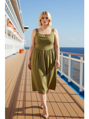 Benerly Kadın Büyük Beden Kare Yaka Kalın Askılı Midi Dokuma Elbise Fonksiyonel Dayanıklı Kaliteli