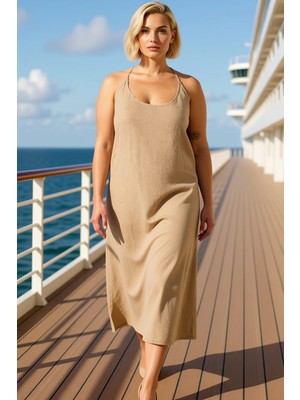 Benerly Kadın Büyük Beden Kare Yaka Ince Askılı Düz Desen Dokuma Elbise Fonksiyonel Şık