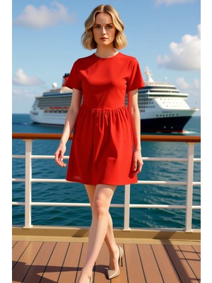 Benerly Kadın Bisiklet Yaka Kısa Kol Düz Mini Skater Kalıp Elbise Fonksiyonel Dayanıklı %100 Pamuk