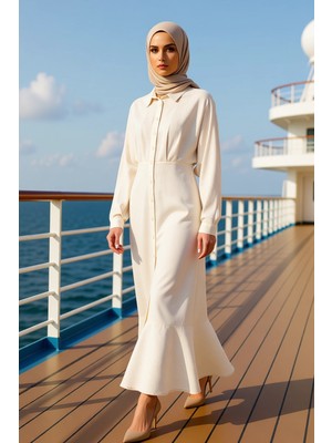 Benerly Kadın Gömlek Elbise Gömlek Yaka Yarasa Kol Düz Desenli Maxi Boy Dokuma Kumaş Fonksiyonel Şık