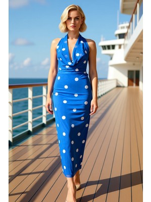 Benerly Kadın Degaje Yaka Kolsuz Puantiyeli Bodycon Kalıp Midi Elbise Fonksiyonel Şık