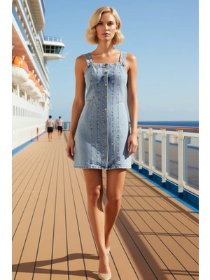 Benerly Kadın Kare Yaka Kolsuz Düz Mini Denim Elbise Fonksiyonel Dayanıklı Kaliteli Şık %100 Pamuk