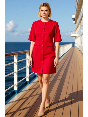 Benerly Kadın Büyük Beden Bisiklet Yaka Standart Kol Düz Desenli Dokuma Elbise Fonksiyonel Estetik