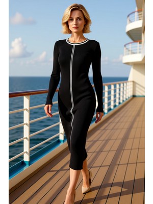 Benerly Kadın Bisiklet Yaka Uzun Kol Bodycon Kalıp Midi Triko Elbise Renk Bloklu Fonksiyonel Rahat
