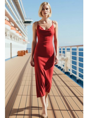 Benerly Kadın Triko Maxi Elbise Kare Yaka Kolsuz Bodycon Kalıp Düz Desen Şık