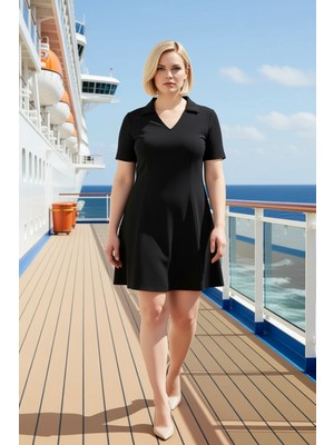 Benerly Kadın Polo Yaka Kısa Kol A Line Örme Büyük Beden Elbise Fonksiyonel Şık