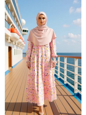 Benerly Kadın Maxi Boy Fırfırlı Etekli Dik Yaka Uzun Kollu Şifon Elbise Fonksiyonel