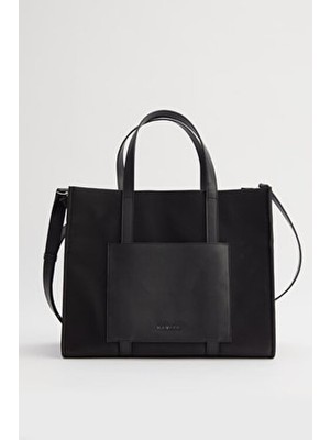 Manuka Urban Tote Çanta Siyah Teknik Kumaş ve Deri Garnili Kadın Kullanımı İçin Şık Tasarım