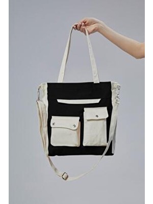 Çınar Bez Çanta Çınar Kanvas Çanta Siyah - Ekru Ön Cepleri ile Kadınlar İçin Şık ve Ergonomik Tasarım