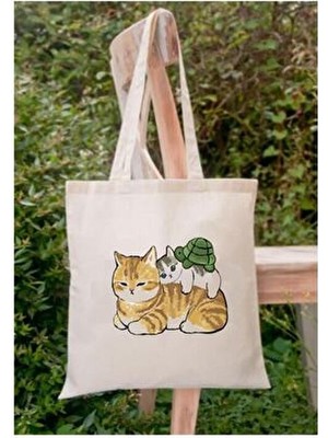 Cemira Kediler ve Kaplumbağa Baskılı Askılı Bez Çanta Orta Boy Hızlı Kuruyan Tekstil Malzeme