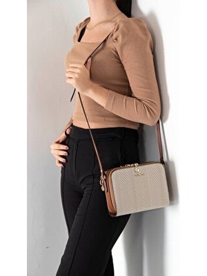 Silver & Polo Silver Polo SP888 Kadın Çapraz Çanta Hasır Bej-Taba
