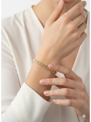 Akfecan Çelik Gold Renk Kadın Hasır Örgü Bileklik