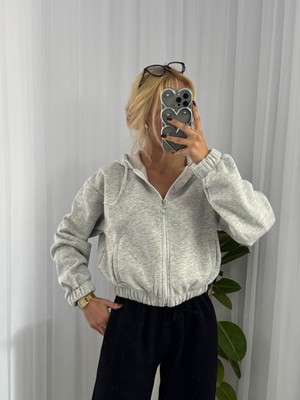 Kadın Yumusacık Içi Polarlı 3 Iplik Oversize Kapüşonlu Fermuarlı Kısa Üst