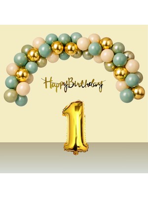 Tedaks Retro Gold Kromgold Küfyeşili Kumbeji Balon Happy Birthday Banner Gold Rakam Doğum Günü Süsü