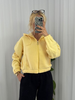 Kadın Yumusacık Içi Polarlı 3 Iplik Oversize Kapüşonlu Fermuarlı Kısa Üst