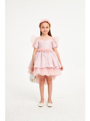 Baby Hola Kız Çocuk Abiye Elbise Balo&özel Gün 6-12 Yaş Straplez Balon Kollu Hediye Çanta ve Taçlı Babyhola