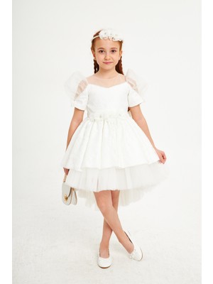 Baby Hola Kız Çocuk Abiye Elbise Balo&Özel Gün 6-12 Yaş Straplez Balon Kollu Hediye Çanta ve Taçlı Babyhola