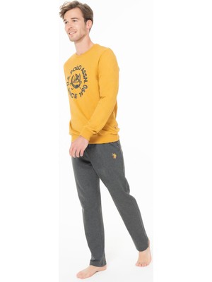 U.s. Polo Assn. Erkek 2 Iplik Kışlık Uzunkol Düz Paça Baskılı Ev Giyim Pijama Takım-Hardal-2xl