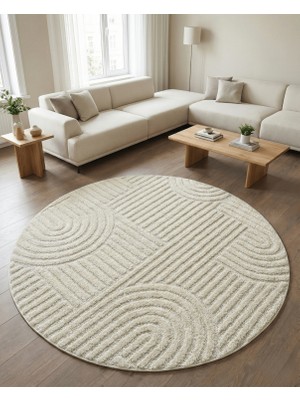 Anaska Home Modern Yuvarlak Krem Halı Organik Çizgili Kabartma Dokulu Salon & Oturma Odası Halısı