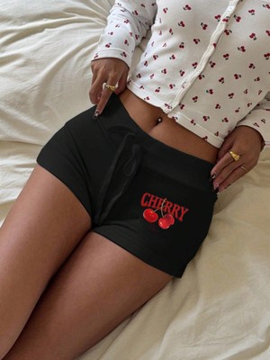 Afri Kadın Siyah Kiraz Baskılı Beli Ayarlanabilir Ipli 2 Iplik Mini Şort