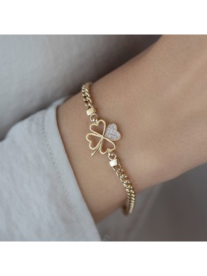 Oroline Kuyumculuk 14 Ayar Yonca Desenli Taşlı Altın Kadın Bileklik