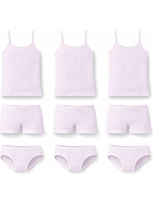 İncili 9'lu Set Kız Çocuk Atlet Külot Boxer Takım - (Ekru - Pudra - Pembe - Lila)