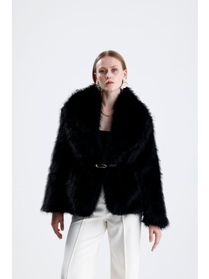 Vapur Tekstil Deri Kemerli Kürk Kaban - Siyah