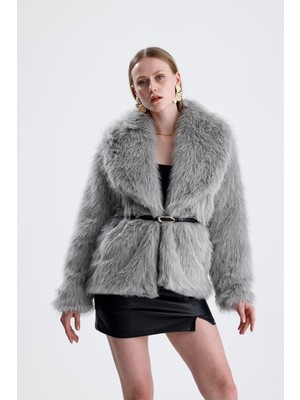 Vapur Tekstil Deri Kemerli Kürk Kaban - Gri