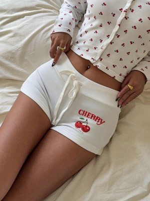 Afri Kadın Beyaz Kiraz Baskılı Beli Ayarlanabilir Ipli 2 Iplik Mini Şort