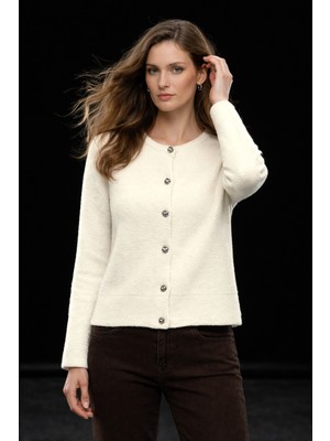 Studio Fashion 1988 Kadın Ekru Yumuşak Dokulu Metal Düğmeli Triko Hırka