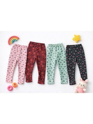 İncili 4'lü Set Kışlık Şardonlu Baskılı Çocuk Tayt Seti - Sıcak ve Esnek - (Siyah - Çağla Yeşili - Bordo - Pembe)