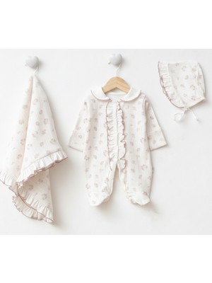 Eda Baby Fırfırlı Çiçek Desenli Kendinden Eldivenli Bebek Tulum Battaniye Takım