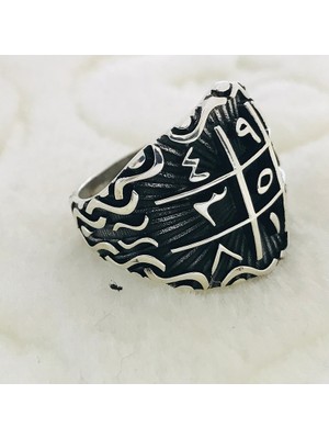 Canka Ebced Hesabı İşlemeli 925 Ayar Gümüş Erkek Yüzük