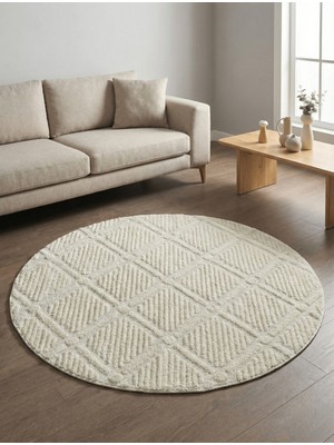Anaska Home Modern Yuvarlak Krem Halı Kabartma Dokulu, Minimal Desenli Salon & Oturma Odası Halısı