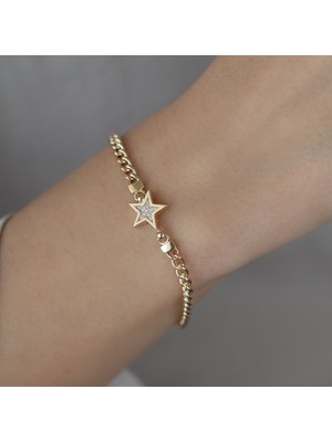 Oroline Kuyumculuk Ayar Altın Taşlı Yıldız Desenli Kadın Bileklik