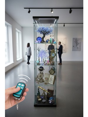 3 Raflı Uzaktan Kumandalı Kilitli Ledli Cam Vitrin Dolap Gümüşlük Koleksiyon Sergi Kitaplık Mutfak