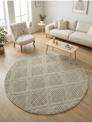 Anaska Home Modern Yuvarlak Bej Halı Kabartma Dokulu, Minimal Desenli Salon & Oturma Odası Halısı
