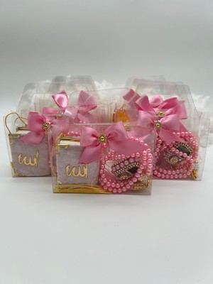 10 Adet Çanta Görünümlü Kutu Içinde Mini Kuran, Inci Tesbih ve Taşlı Zikirmatik Hediyelik Set