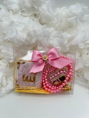 1 Adet Çanta Görünümlü Kutu Içinde Mini Kuran, Inci Tesbih ve Taşlı Zikirmatik Hediyelik Set