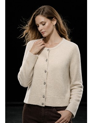 Studio Fashion 1988 Kadın Bej Yumuşak Dokulu Metal Düğmeli Triko Hırka