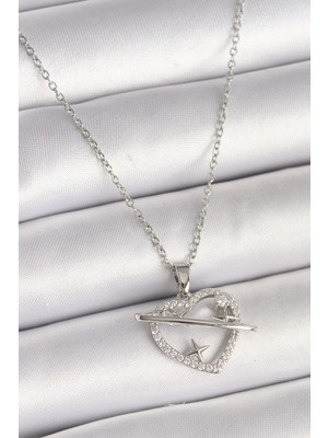 BT Teknik 316L Çelik Gümüş Renk Zincir Zirkon Taşlı Kalp Model Yıldız Detay Kadın Kolye