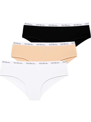 U.S. Polo Assn. 3'lü Paket, (siyah & Beyaz & Ten) Pamuklu & Likralı, Yüksek Bel, Kadın Şort Külot