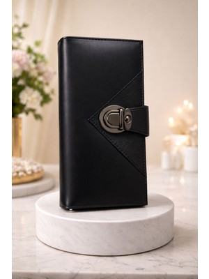 Huma Butik Takı Aksesuar Siyah Suni Deri Metal Tokalı Uzun Kadın Cüzdan