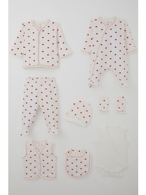 Breeze Kız Bebek Hastane Çıkışı 8 Li Kalp Desenli 0-3 Ay, Ekru